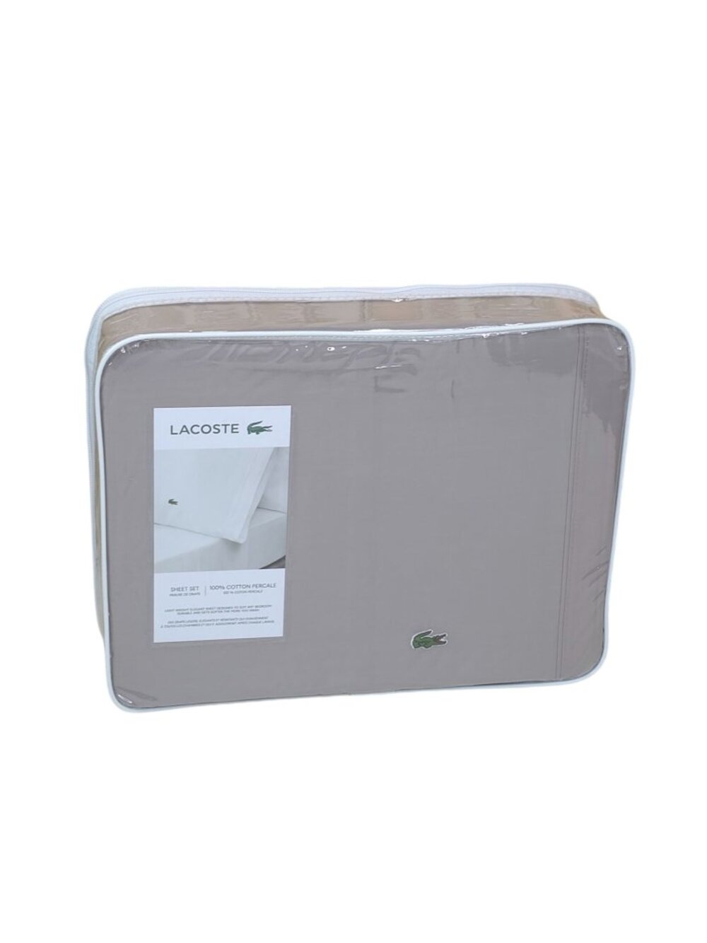 Lacoste King Percale Sheet Set 100% Cotton Sleet/Taupe Oeko-Tex Certified